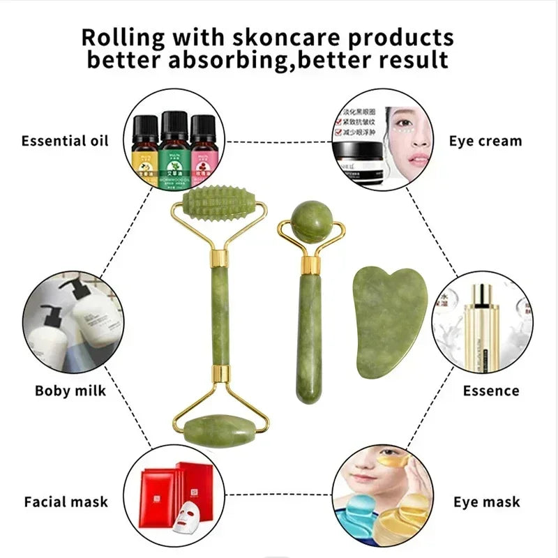 Natural Jade Face Roller And Gua Sha Massage Set