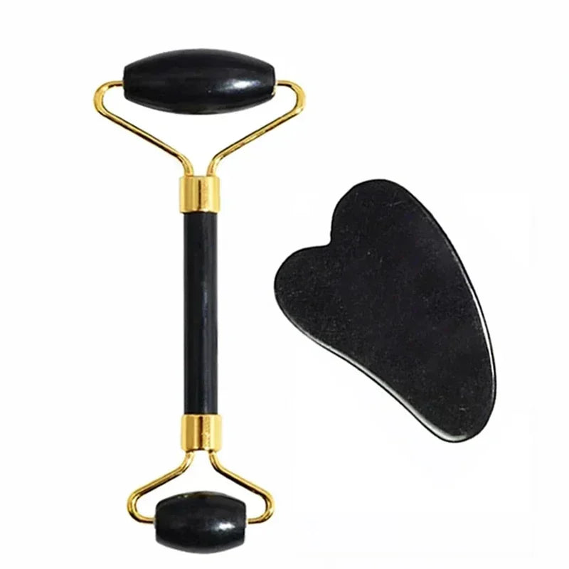Black Set Color Natural Jade Face Roller And Gua Sha Massage Set