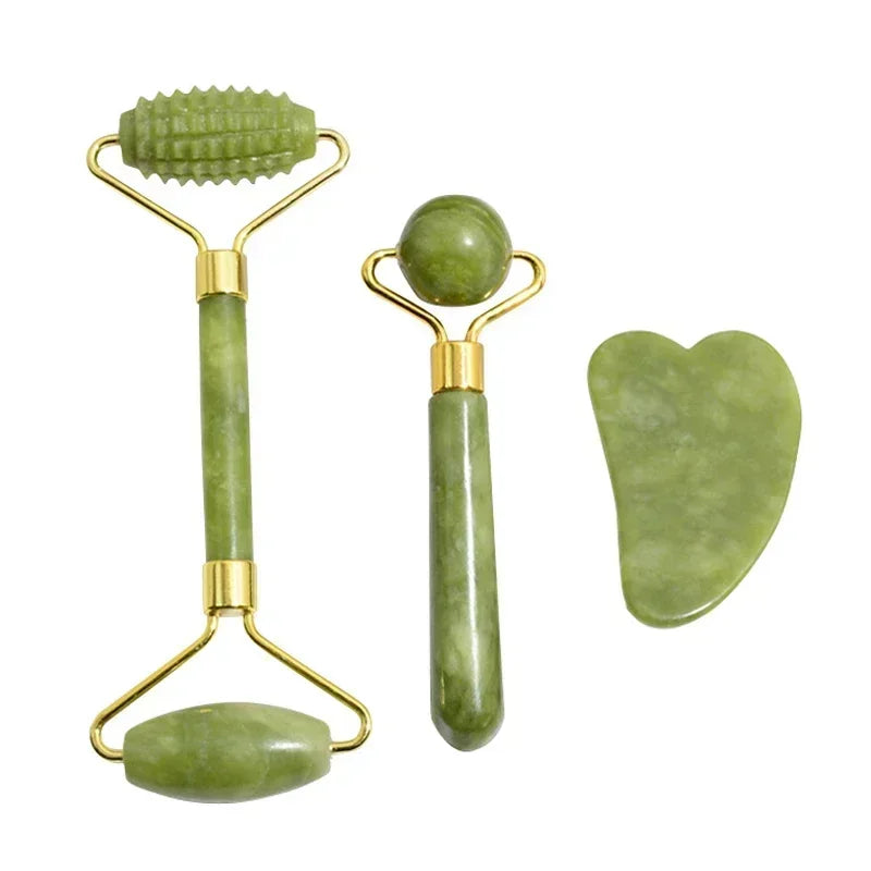 3Pcs Set Color Natural Jade Face Roller And Gua Sha Massage Set
