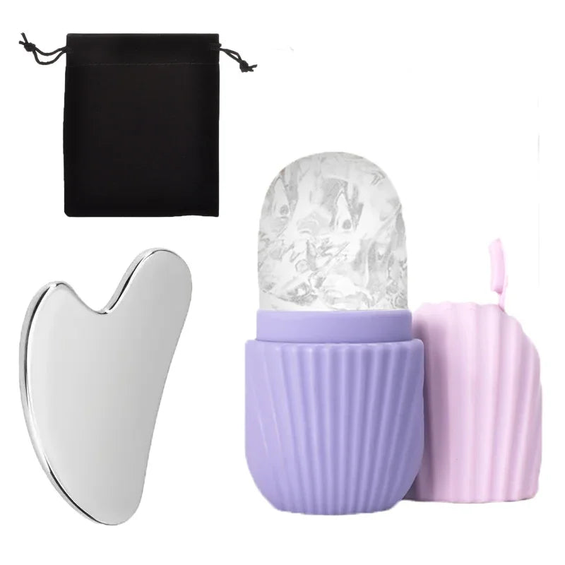 3Pcs set Purple Color Ice Face Roller & Stainless Steel Gua Sha Facial Set