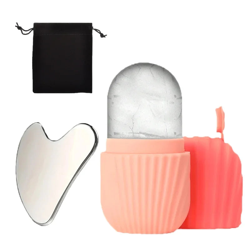 3Pcs set Pink Color Ice Face Roller & Stainless Steel Gua Sha Facial Set