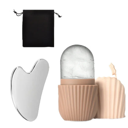 3Pcs set Brown Color Ice Face Roller & Stainless Steel Gua Sha Facial Set