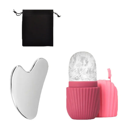 3Pcs set Rose red Color Ice Face Roller & Stainless Steel Gua Sha Facial Set