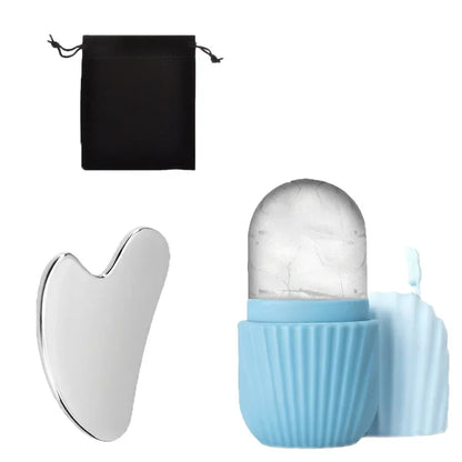 3Pcs set Blue Color Ice Face Roller & Stainless Steel Gua Sha Facial Set
